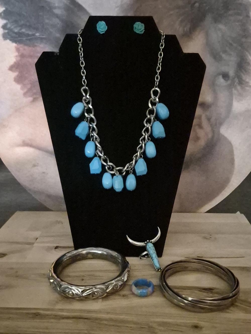 Blue Teardrop Charm Necklace with Rose Stud Earrings - Women Jewelry